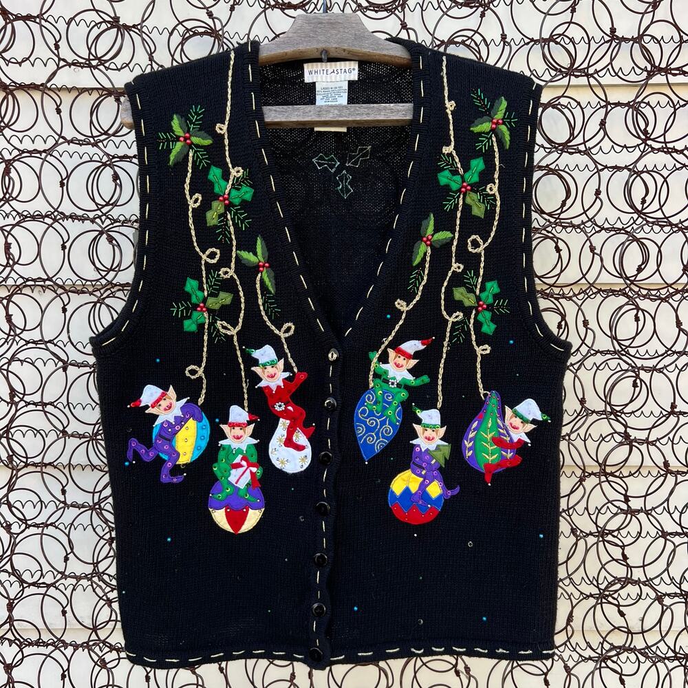 VTG Y2K White Stag Ugly Christmas Elves Wrecking Ball Ornament Sweater Vest MED